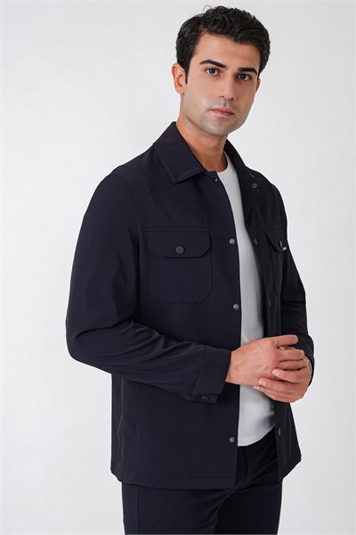 Comfort Fit Yan Cepli Esnek Pamuklu Çıtçıtlı Lacivert Gömlek Ceket C 736 