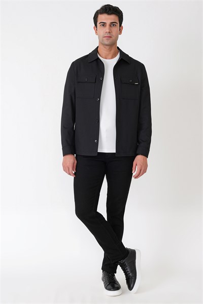 Comfort Fit Yan Cepli Esnek Pamuklu Siyah Gömlek Ceket C 731