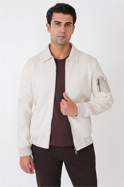 Comfort Fit Yandan Cepli Kol Etek Ribanalı Açık Bej Süet Mont MT 182