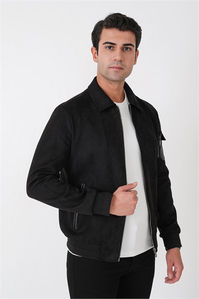 Comfort Fit Yandan Cepli Kol Etek Ribanalı Siyah Süet Mont MT 182