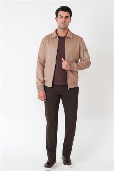Comfort Fit Yandan Cepli Kol Etek Ribanalı Vizon Süet Mont MT 182