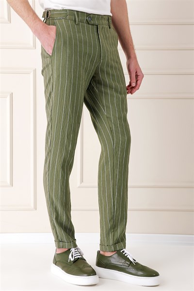 Comfort Fit Yandan Tokalı Çizgili Keten Haki Pantolon P 1151