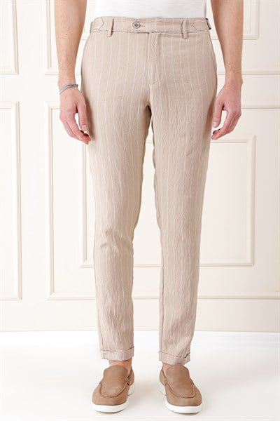 Comfort Fit Yandan Tokalı Çizgili Keten Bej Pantolon P 1151