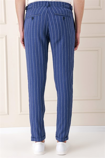 Comfort Fit Yandan Tokalı Çizgili Keten Casual İndigo Pantolon P 1151