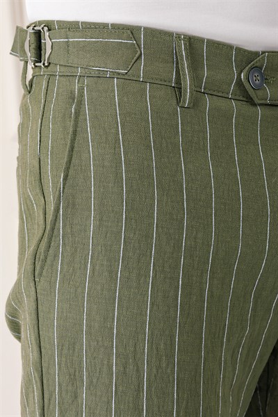 Comfort Fit Yandan Tokalı Çizgili Keten Haki Pantolon P 1151