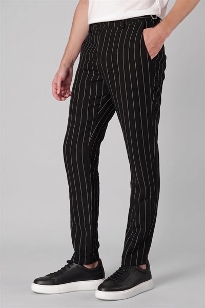Comfort Fit Yandan Tokalı Çizgili Keten Casual Siyah Pantolon P 1151