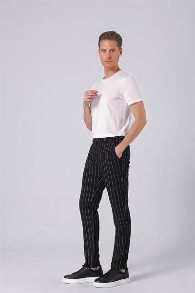 Comfort Fit Yandan Tokalı Çizgili Keten Casual Siyah Pantolon P 1151