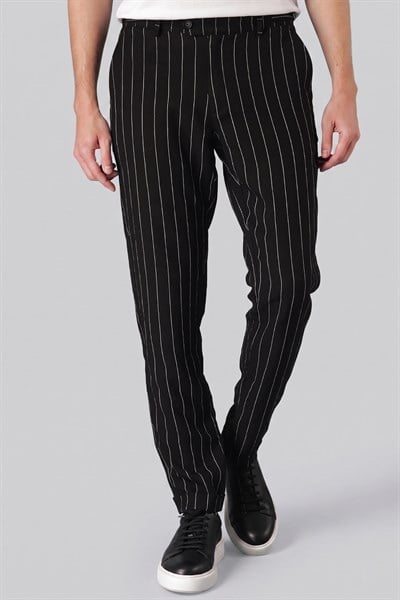 Comfort Fit Yandan Tokalı Çizgili Keten Casual Siyah Pantolon P 1151