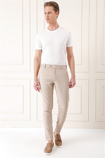 Comfort Fit Yandan Tokalı Çizgili Keten Bej Pantolon P 1151