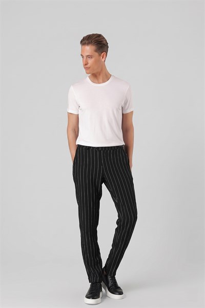 Comfort Fit Yandan Tokalı Çizgili Keten Casual Siyah Pantolon P 1151