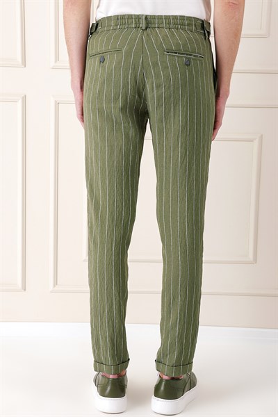 Comfort Fit Yandan Tokalı Çizgili Keten Casual Haki Pantolon P 1151