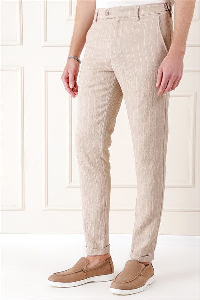 Comfort Fit Yandan Tokalı Çizgili Keten Bej Pantolon P 1151