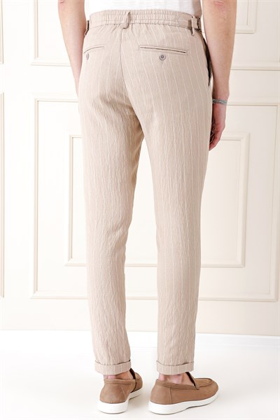Comfort Fit Yandan Tokalı Çizgili Keten Casual Bej Pantolon P 1151
