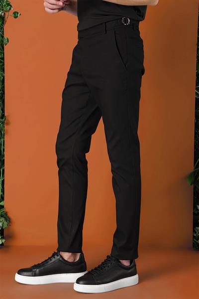 Comfort Fit Yandan Tokalı Düz Esnek Pamuk Casual Siyah Pantolon P 1152