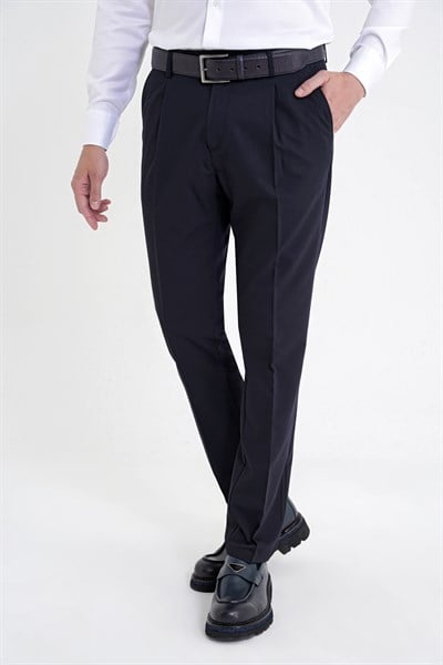 Comfort Fit Yan Cep Esnek Pamuklu Gabardin Tek Pileli Lacivert Pantolon P 1211