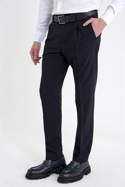 Comfort Fit Yan Cep Esnek Pamuklu Gabardin Tek Pileli Lacivert Pantolon P 1211