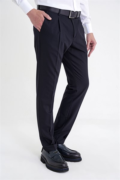 Comfort Fit Yan Cep Esnek Pamuklu Gabardin Tek Pileli Lacivert Pantolon P 1211