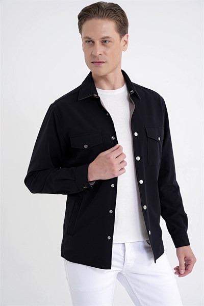 Comfort Fit Esnek Pamuklu Önü Çıtçıtlı Çift Taraflı Siyah Gömlek Ceket C 730