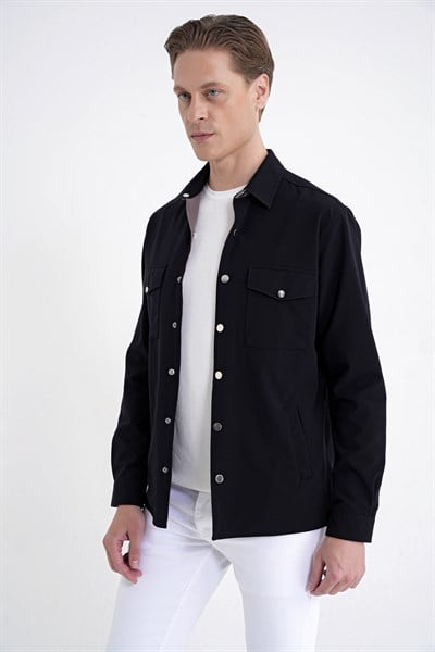 Comfort Fit Esnek Pamuklu Önü Çıtçıtlı Çift Taraflı Siyah Gömlek Ceket C 730