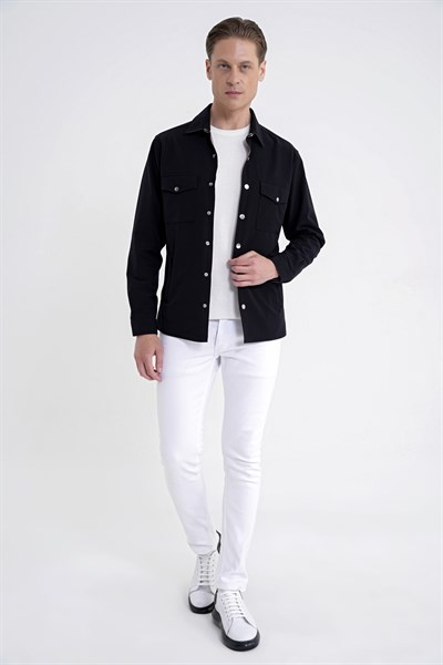 Comfort Fit Esnek Pamuklu Önü Çıtçıtlı Çift Taraflı Siyah Gömlek Ceket C 730