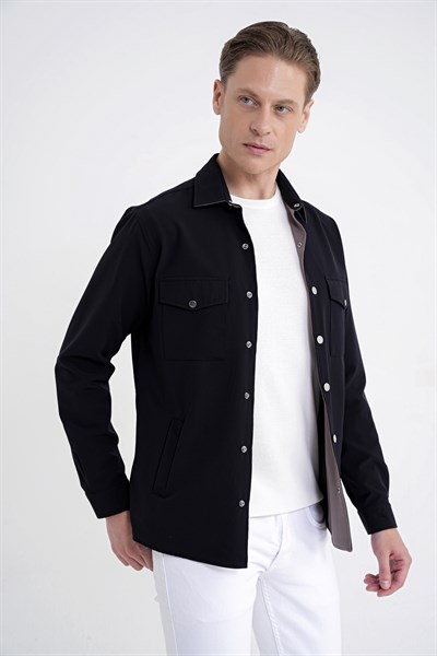 Comfort Fit Esnek Pamuklu Önü Çıtçıtlı Çift Taraflı Siyah Gömlek Ceket C 730