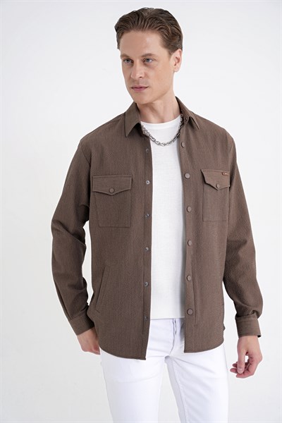 Comfort Fit Yan Cepli Esnek İnce Çizgili Camel Gömlek Ceket G 1608