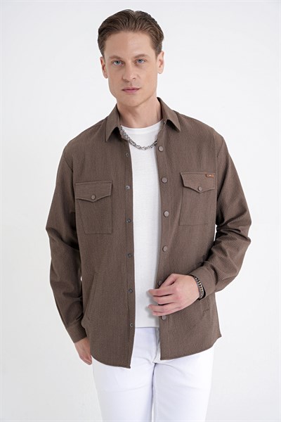 Comfort Fit Yan Cepli Esnek İnce Çizgili Camel Gömlek Ceket G 1608