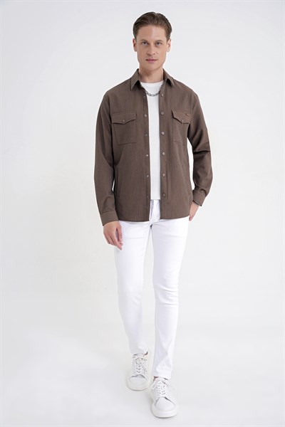Comfort Fit Yan Cepli Esnek İnce Çizgili Camel Gömlek Ceket G 1608