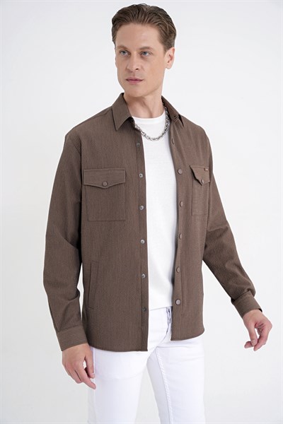 Comfort Fit Yan Cepli Esnek İnce Çizgili Camel Gömlek Ceket G 1608