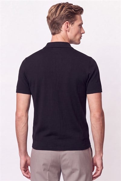 Comfort Fit Rahat Kalıp Polo Yaka Fermuarlı Siyah Tişört TS 930 
