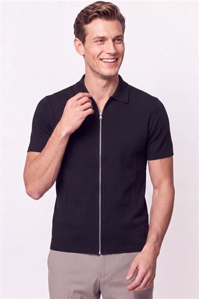 Comfort Fit Rahat Kalıp Polo Yaka Fermuarlı Siyah Tişört TS 930 