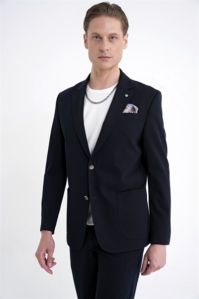 Comfort Fit Çift Yırtmaç Torba Cep Metal Düğmeli Lacivert Blazer Ceket C 734