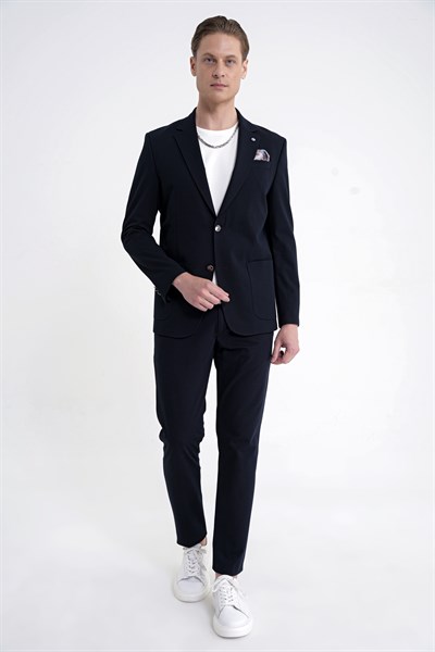 Comfort Fit Çift Yırtmaç Torba Cep Metal Düğmeli Lacivert Blazer Ceket C 734