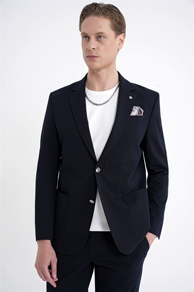 Comfort Fit Çift Yırtmaç Torba Cep Metal Düğmeli Lacivert Blazer Ceket C 734