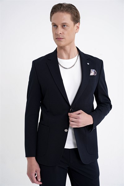 Comfort Fit Çift Yırtmaç Torba Cep Metal Düğmeli Lacivert Blazer Ceket C 734