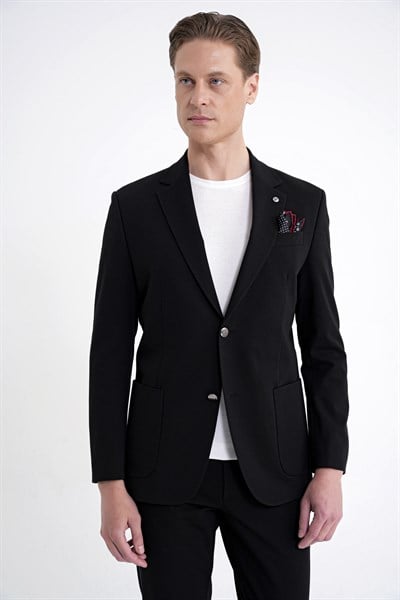 Comfort Fit Çift Yırtmaç Torba Cep Metal Düğmeli Siyah Blazer Ceket C 734