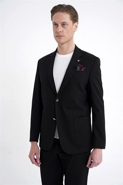 Comfort Fit Çift Yırtmaç Torba Cep Metal Düğmeli Siyah Blazer Ceket C 734