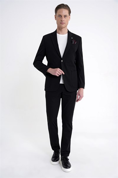 Comfort Fit Çift Yırtmaç Torba Cep Metal Düğmeli Siyah Blazer Ceket C 734