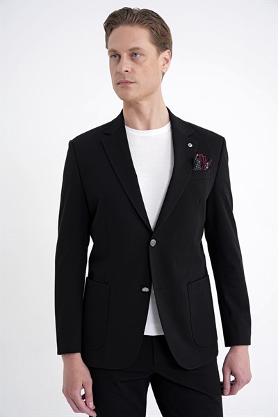 Comfort Fit Çift Yırtmaç Torba Cep Metal Düğmeli Siyah Blazer Ceket C 734
