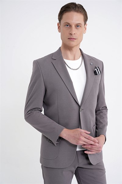 Comfort Fit Çift Yırtmaç Torba Cep Metal Düğmeli Vizon Blazer Ceket C 734