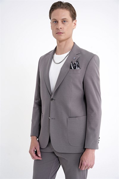 Comfort Fit Çift Yırtmaç Torba Cep Metal Düğmeli Vizon Blazer Ceket C 734