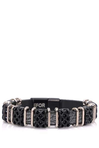 Deri Tasarımlı Çelik Detaylı Siyah Bileklik 089