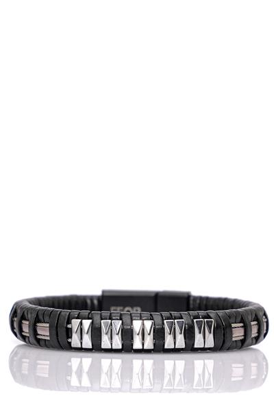 Deri Ve Metal Tasarım Siyah Bileklik 096