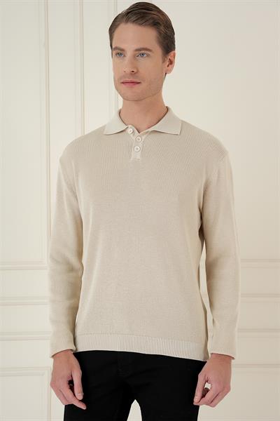 Fitilli Dokuma Düğmeli Polo Yaka Bej Triko Kazak TR 887