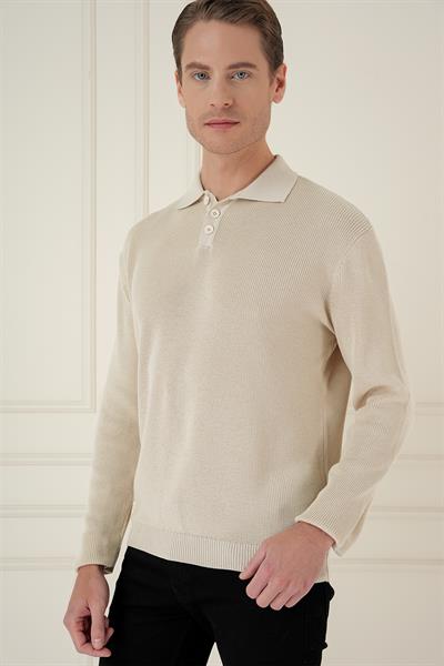 Fitilli Dokuma Düğmeli Polo Yaka Bej Triko Kazak TR 887