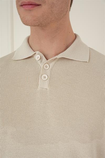 Fitilli Dokuma Düğmeli Polo Yaka Bej Triko Kazak TR 887