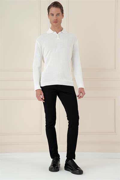 Fitilli Dokuma Düğmeli Polo Yaka Ekru Triko Kazak TR 887