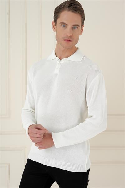 Fitilli Dokuma Düğmeli Polo Yaka Ekru Triko Kazak TR 887