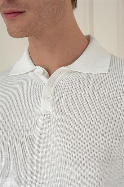 Fitilli Dokuma Düğmeli Polo Yaka Ekru Triko Kazak TR 887