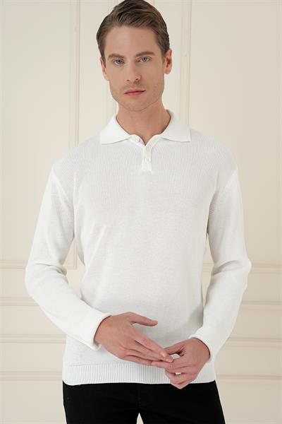 Fitilli Dokuma Düğmeli Polo Yaka Ekru Triko Kazak TR 887